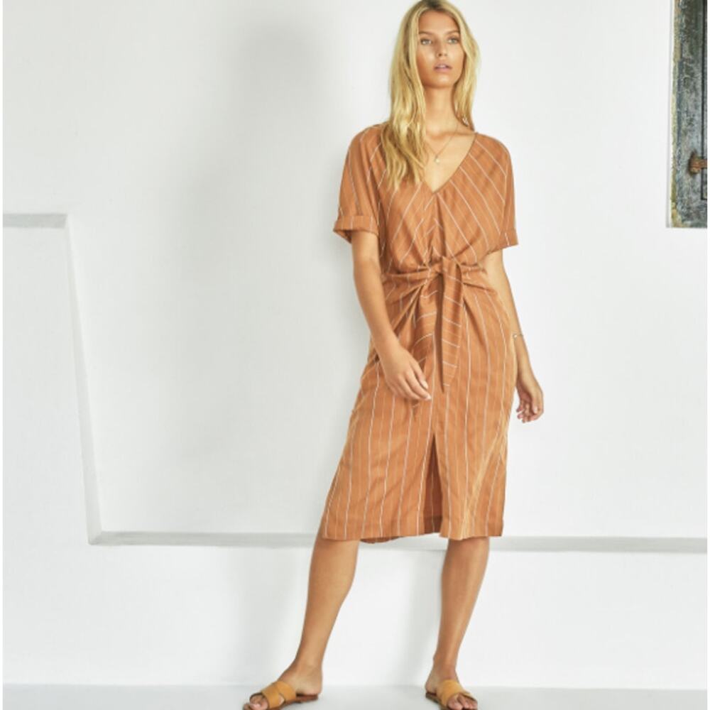 Revolve Sancia Mabel Midi Dress Small Tie Front Knot Brown V-Neck Pockets $198